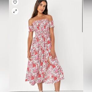 Lulus View from the Meadow Cream Floral Print Off-the-Shoulder Dress